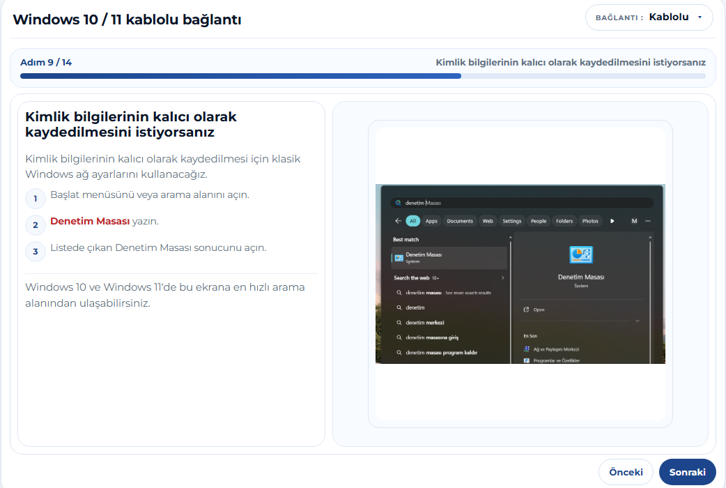 Windows Denetim Masası Arama Ekranı