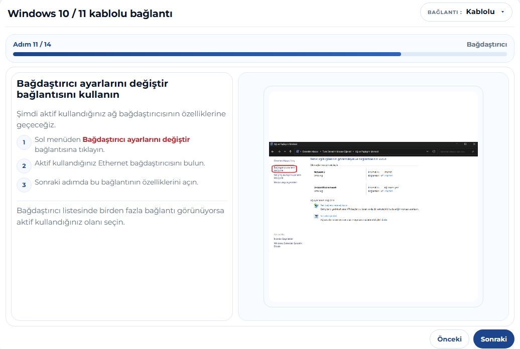 Bağdaştırıcı ayarlarını değiştir ekranı
