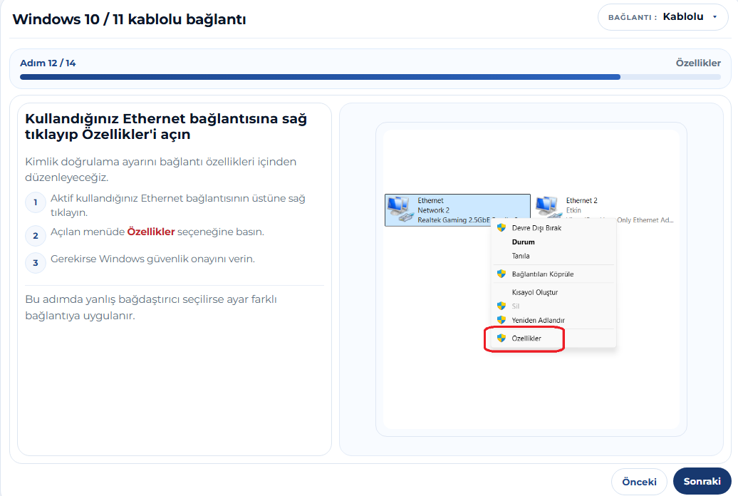 Ethernet Bağlantısına Sağ Tıklayıp Özellikler Açma