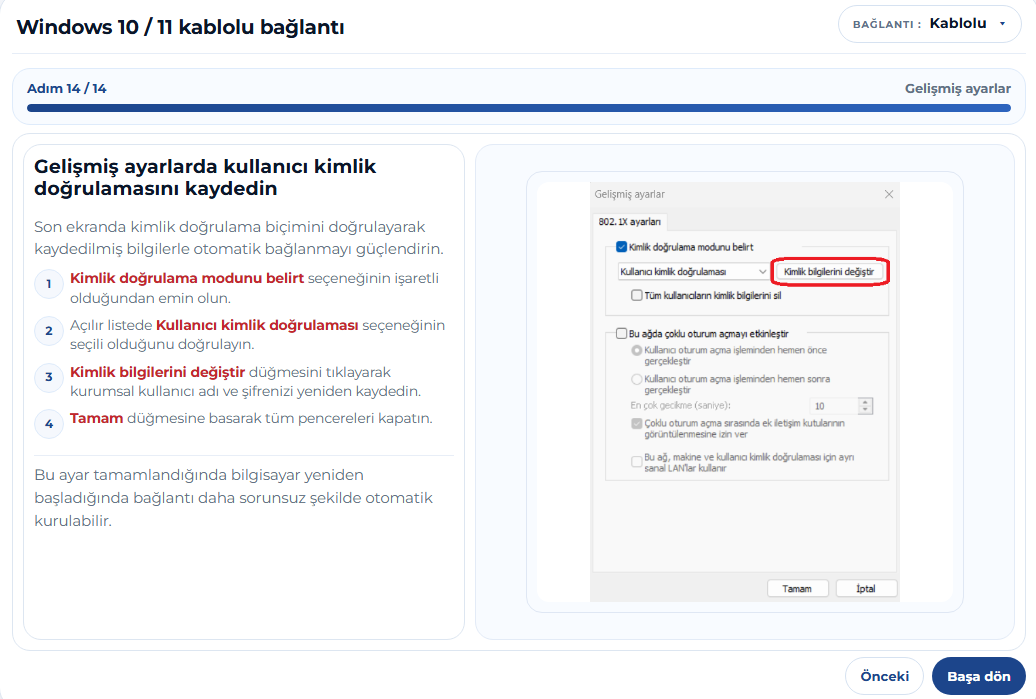 Gelişmiş Ayarlar ve Kimlik Bilgilerini Değiştir Ekranı