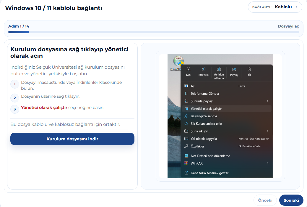 Kurulum Dosyasını Yönetici Olarak Çalıştırma